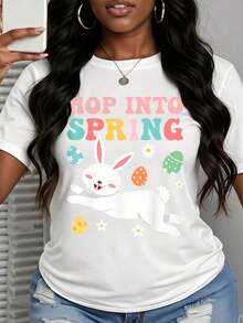 Camiseta Casual "Salta a la Primavera" Blanca con Estampado de Conejo de Pascua y Huevos Coloridos para la Temporada de Primavera - Blanco - Ver 1