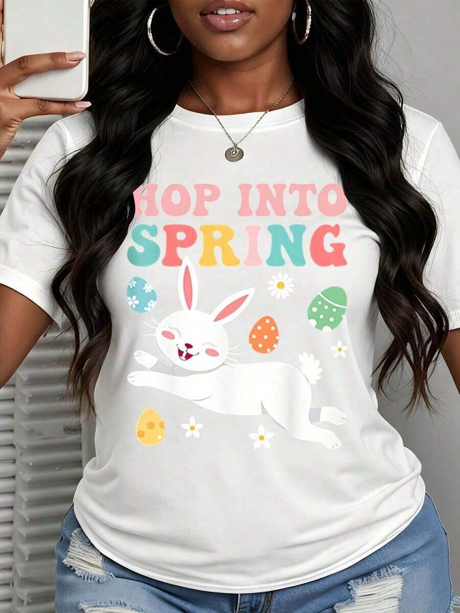 Camiseta Casual "Salta a la Primavera" Blanca con Estampado de Conejo de Pascua y Huevos Coloridos para la Temporada de Primavera - Blanco - Ver 1