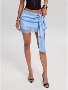Minifalda elegante de mujer con parches de encaje y cintura con lazo, para verano - Celeste - Ver 12