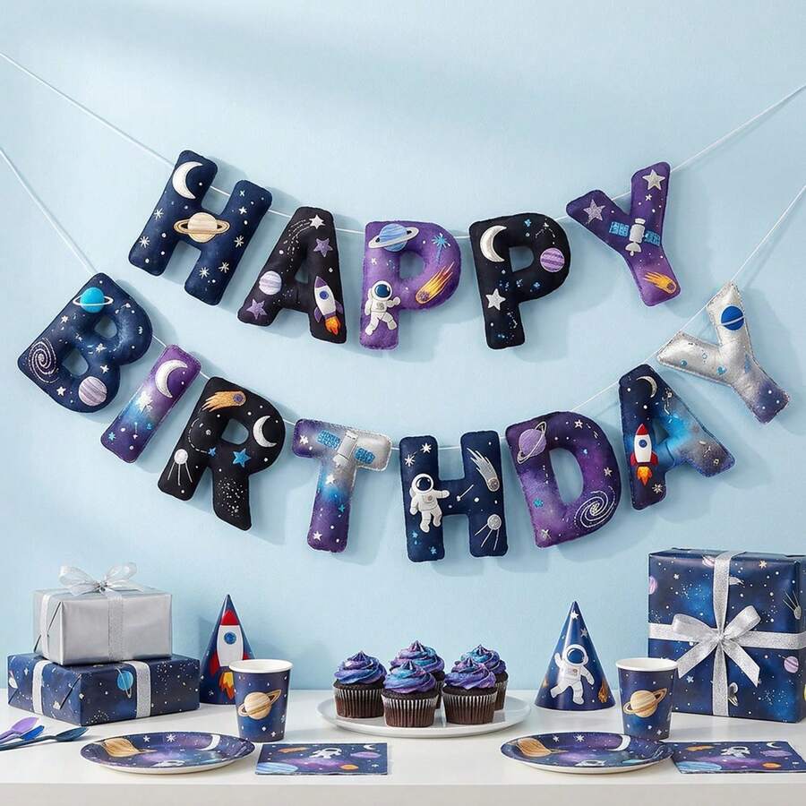 2pcs 2D Felt Starry Sky Theme Birthday Party Decorations, Explore The Universe Happy Birthday Banner With Astronaut, Planet, Mysterious Space, Suitable For Birthday Party Decor, Baby Shower, Photo Props, Room Decor, Fireplace Decor - A - View 1