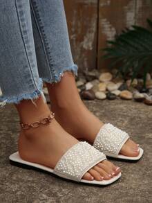 Sandalias planas de mujer para verano con tiras, puntera cuadrada, tachuelas y decoración de rhinestones - Blanco - Ver 2