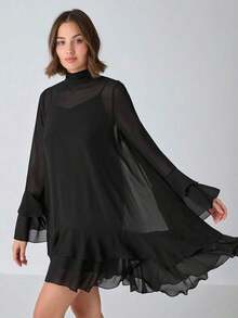 Vestido línea A de unicolor elegante con mangas volantes para mujeres - Negro - Ver 7