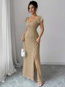 Vestido largo elegante y delgado de unicolor con espalda descubierta, lazo y mangas de loto con abertura alta, para vacaciones y citas en primavera/verano - Caqui - Ver 5