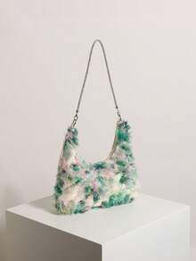Green 3D Colorful Mesh Floral Hobo Shoulder Bag With Rhinestones For Women, Suitable For Vacation And Shopping (Random Floral Pattern) - Green - View 4