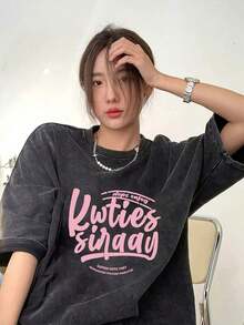 Women's Y2K Style T-Shirts - Thick Fabric T-Shirt With A Vintage Washed And Distressed Cartoon Print, Loose Fit, Long Crew Neck, Suitable For Casual Wear In Spring, Summer, And Fall. Soft Texture, Urban Style, Breathable Fabric. Unisex - Shirts Summer Outings Casual Blouses For Women - 黑色 - 查看 3