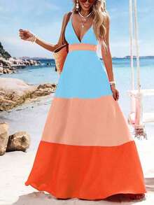 Vestido largo de mujer de cuello en V con bloques de color tejidos, atuendos de primavera y verano, ropa de verano, Día de San Valentín, atuendos de vacaciones para mujer, atuendos de playa para mujer - Azul - Ver 12
