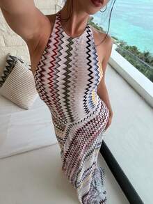DOUCIU Fashionable Girl Colorful Wavy Print Spaghetti Strap Maxi Dress, Fitted Vacation Beach Style - White - View 1
