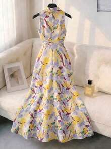 Nuevo vestido maxi de primavera/verano para mujer de "algodón suave con rayas azules rastreables", con un elegante estilo retro francés, cintura ceñida y vuelo, decorado con flores de rosa 3D, vestido camisero floral con botones, vestido largo sin mangas, vestido maxi elegante de verano, vestido de gala con estampado de rayas azules, vestido de fiesta formal - Amarillo - Ver 2