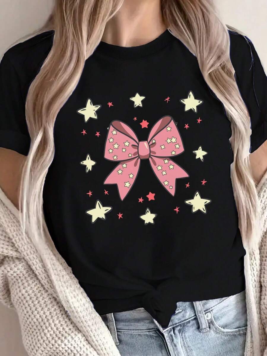 1 Piece Of Women's Solid Color T-Shirt With Pink Bow, Star And Geometric Pattern - Style Label G500L - Comfortable Casual Round Neck T-Shirt - Machine Washable, 180g 100% Cotton Women's Daily T-Shirt. - 黑色 - 查看 1