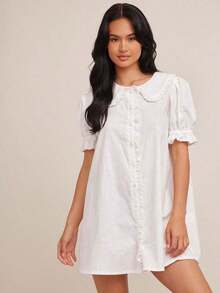 2026 Vestido bohemio mini de línea A con manga corta abullonada, cuello con volantes, abotonado, 100% algodón, para rodeo de Nashville, vacaciones, lindo atuendo para brunch - Blanco - Ver 3