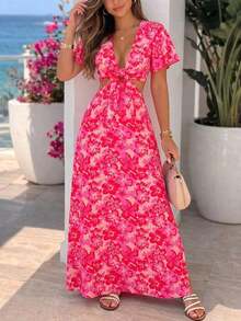 xheVivid Eden Vestido largo estilo maxi para verano con escote en V profundo, cierre delantero, abertura en la cintura y bajo con aberturaxhe - Rosa - Ver 9