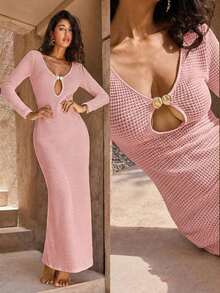 xheOpulessa 1 pieza Vestido de fiesta formal de punto de un solo color con cuello en V y manga larga con cola de pez para mujer, para vacaciones en otoño e invierno, boda, fiesta de cócteles y navidadxhe - Rosa Pálido - Ver 8