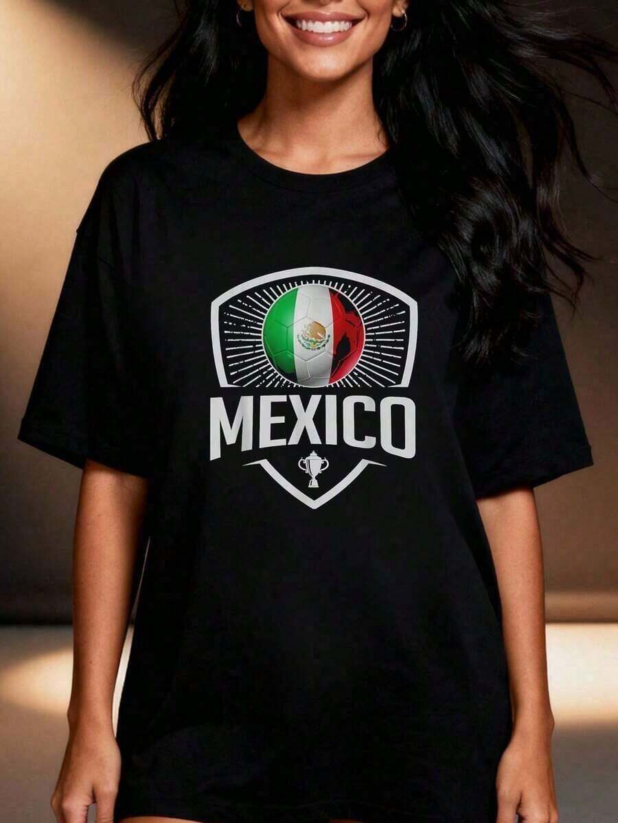 Mexico Soccer Jersey Support Team Fan Soccer Mexican Flag Summer Sports Crew Neck T-Shirt For Women - 黑色 - 查看 1