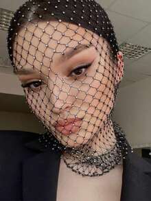 闪亮水钻装饰女士镂空渔网全脸面罩头巾帽,时尚派对/音乐节配饰 - A - 查看 14