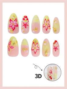 10 buah Kuku Palsu French Press Berbentuk Almond Panjang, Dekorasi Bunga Gradien 3D, Desain Manik-Manik Kerang Bergelombang, Gaya Segar Laut, Permukaan Halus, Kuku Palsu Penutup Penuh, Cocok Untuk Wanita Dan Anak Perempuan - MultiWarna - View 2