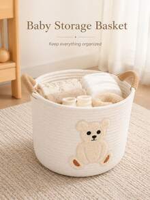 1pc Cute Bear Embroidered Pattern Baby Room Storage Basket With Handle, Nursery Room Storage Basket, Diaper & Bottle Storage Organizer, Multi-Function Storage Basket - Multicolor - View 6