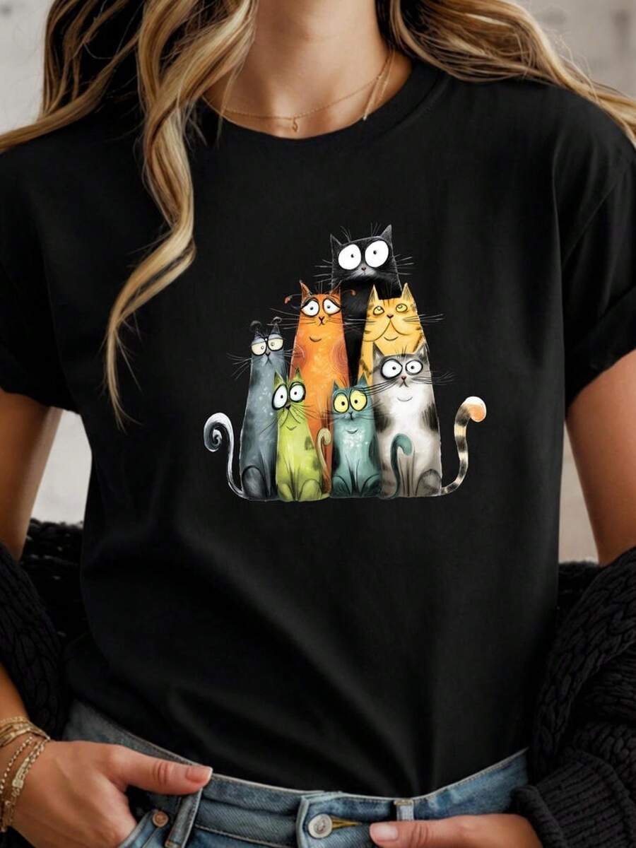 Rolig Katt-T-shirt - Katt--T-shirt - Present till Kattälskare - Konsttryck i Graffitistil - Humoristisk T-shirt - Roligt Djur - Svart - Visa 1