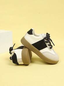 2026 New Kids Sports Shoes, Toddler Retro Casual Sneakers, Black & White Color Block, Non-Slip Rubber Sole, Lace-Up, Unisex School & Daily Wear Breathable Flat Shoes - White - View 3