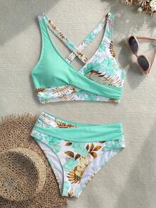 New Sexy Elegant Floral Print Solid Color Fabric Swimwear, Criss-Cross Contrast Shoulder Strap Design, Tankini Swimwear Summer Vacation Beach, Resort Wear - Cadet Blue - View 3