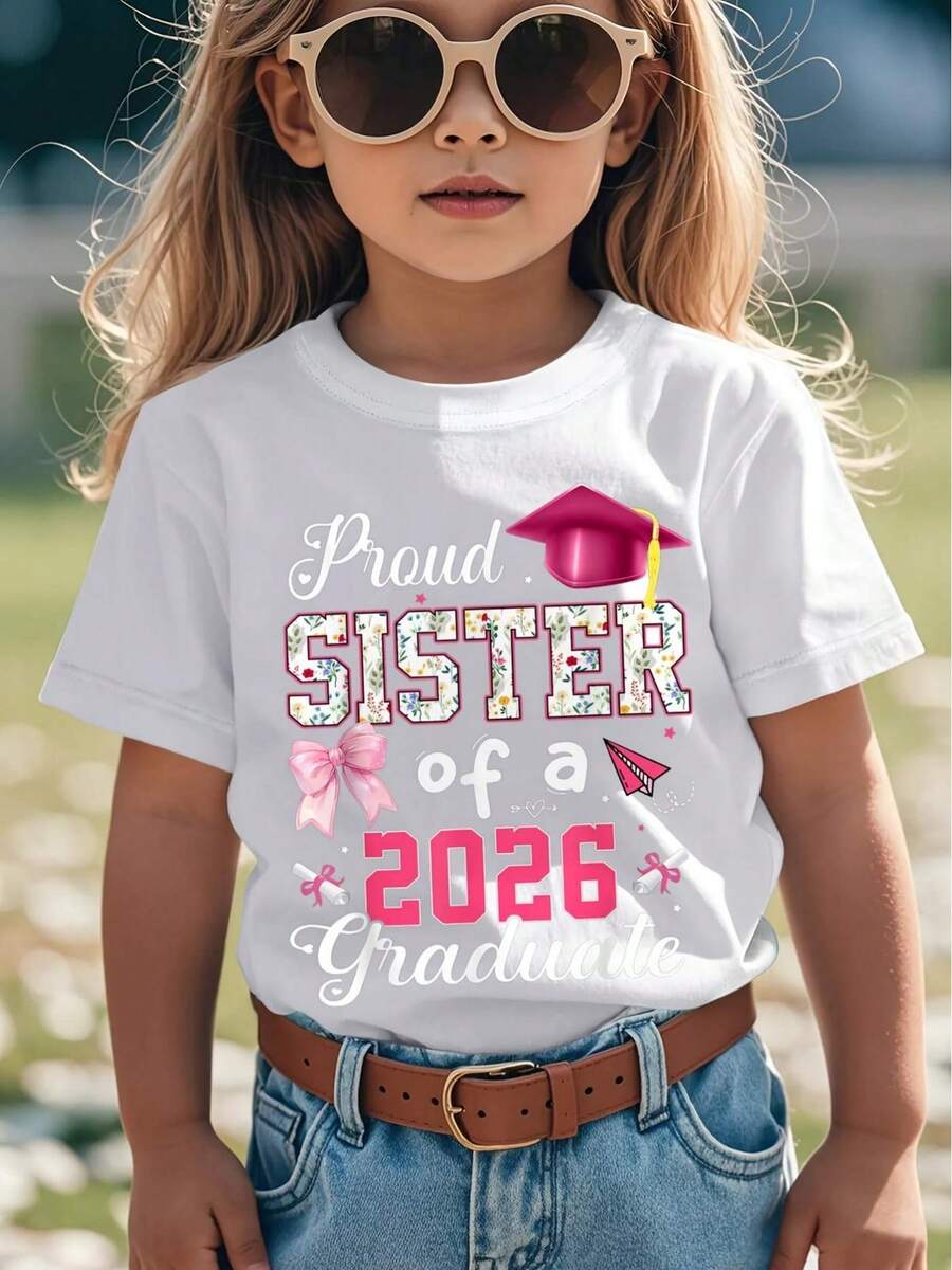 1 White T-Shirt With Bow Print And Graduation Cap For Proud Sisters, Round Neck, Casual Style, Medium Stretch Knit Fabric, Regular Fit For Boys And Girls, With Alphabet Pattern, For Spring/Summer/Autumn Graduation, Christmas/Valentine's Day. - 白色 - 查看 1