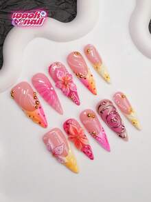 10pcs/Set Handmade Almond-Shaped Y2K Baddie Style Press-On Nails, Nude, Red, Pink, Yellow Shiny Nail Plates With French Tips, Carved Patterns, Rhinestones, Asymmetrical Liquid Metal Chunks, Droplets, Polka Dots Design, Suitable For Women And Girls, Party, Prom, Daily Wear, Includes Tool Kit, Great Gift For Ladies - Multicolor - View 2