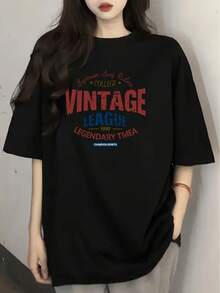 Women's Short-Sleeved T-Shirt, Loose Fit, With Vintage Letter Print And Round Neck, Summer Design, Elegant And Fashionable, Loose And Slimming Top. - 黑色 - 查看 9