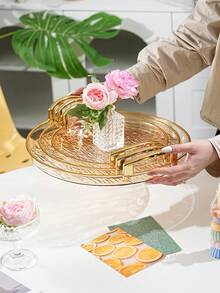 Tea Cup Coffee Cup Water Cup Serving Tray, Thickened PET Round Transparent Glacier Pattern Tray With Handles, Durable - Perfect For Home Living Room Decor, Weddings And Parties - Amber With Gold Trim - View 3