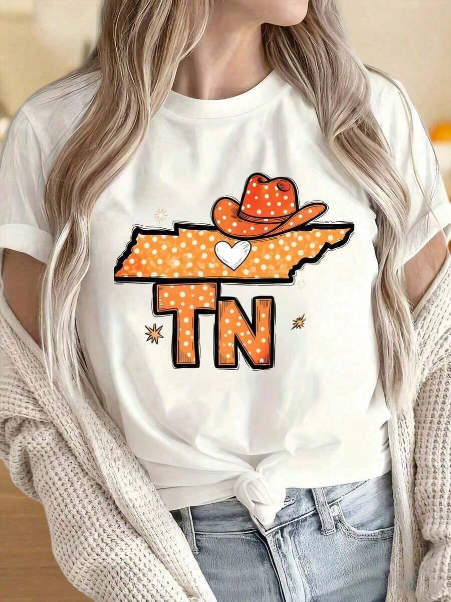 1 Piece Of Women's And Men's Crew Neck Short Sleeve T-Shirt With A Tennessee State Map Design, Cowgirl Hat, Polka Dot Print, Country Western Style, Orange Design With Heart Detail. Fun Prints Suitable For Christmas Parties, Sporting Activities, Holiday Parties, Outings, Sports, And Other Holiday Gifts. 180g - 白色的 - 查看 1