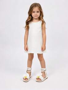 Girls' Summer Flat Sandals With Woven Ankle Strap, Pearl Flower Decoration, Beach Shoes - White - View 3