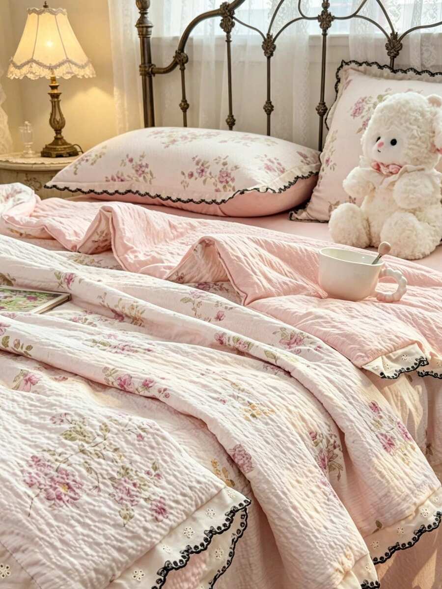 1件花卉滚边夏季被,提花条纹图案,含填充物(不含枕套),适用于卧室、客房、酒店、宿舍,可机洗夏季被 - 粉色 - 查看 1