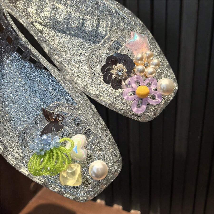 Transparent Textured Sequin Shoe Flower Decorations, Beaded Flower And Faux Pearl Bow Combination Set, High-End Shoe Accessory, With A Variety Of Styles That Can Be Freely Combined, Suitable For Festive Occasions, Seaside Vacations, Daily Outfit Transformation, Party Looks, And Festive Gifts To Showcase A Unique Fashion Taste - A套裝 - 查看 1