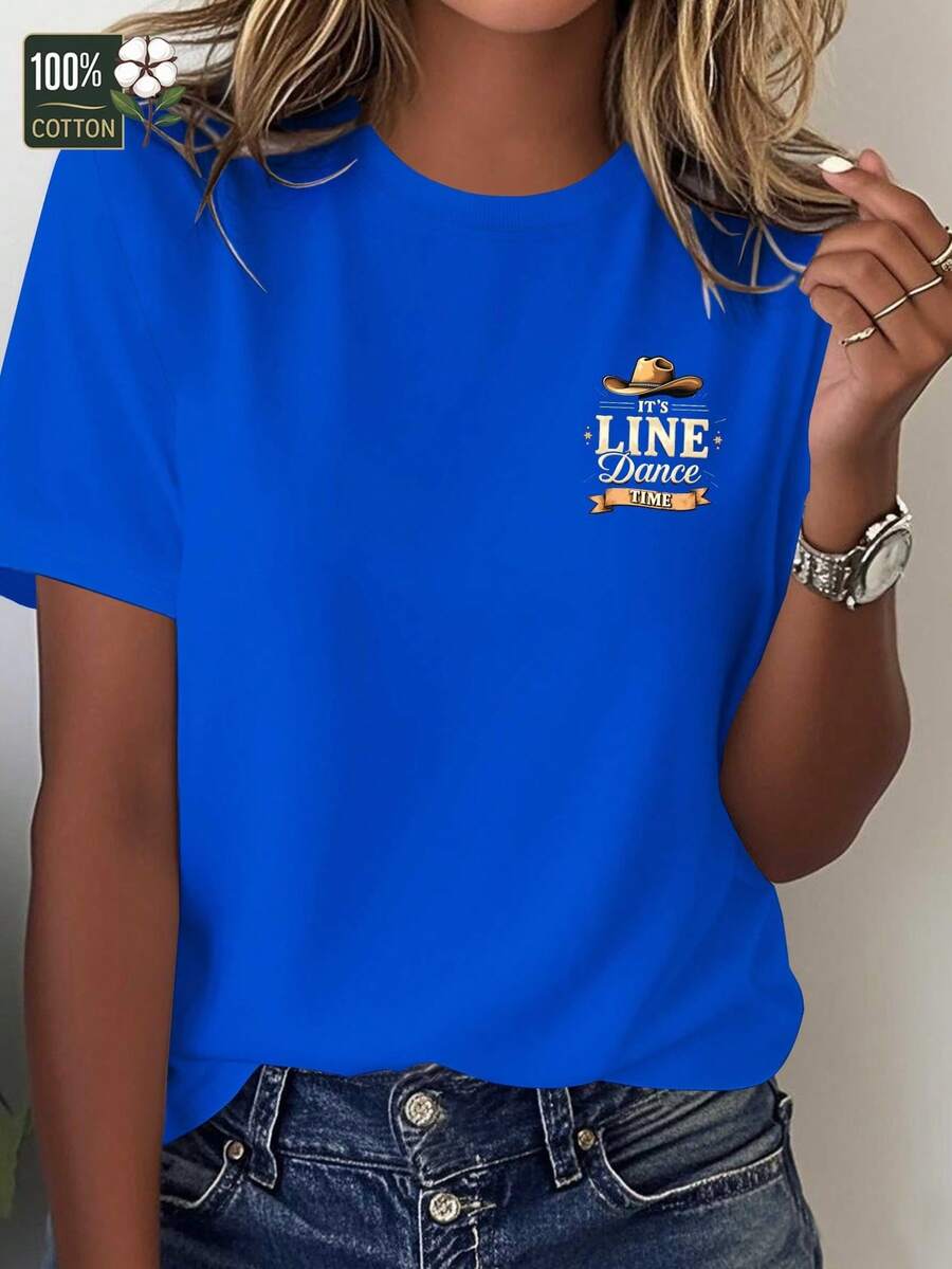 Women's Pure Cotton T-Shirt - Comfortable Style For Line Dancing And Casual Wear - Printed With Line Dancing Motifs, Casual Round Neck Top, Machine Washable Dance Themed Clothing For All Seasons. - 藍色 - 查看 1