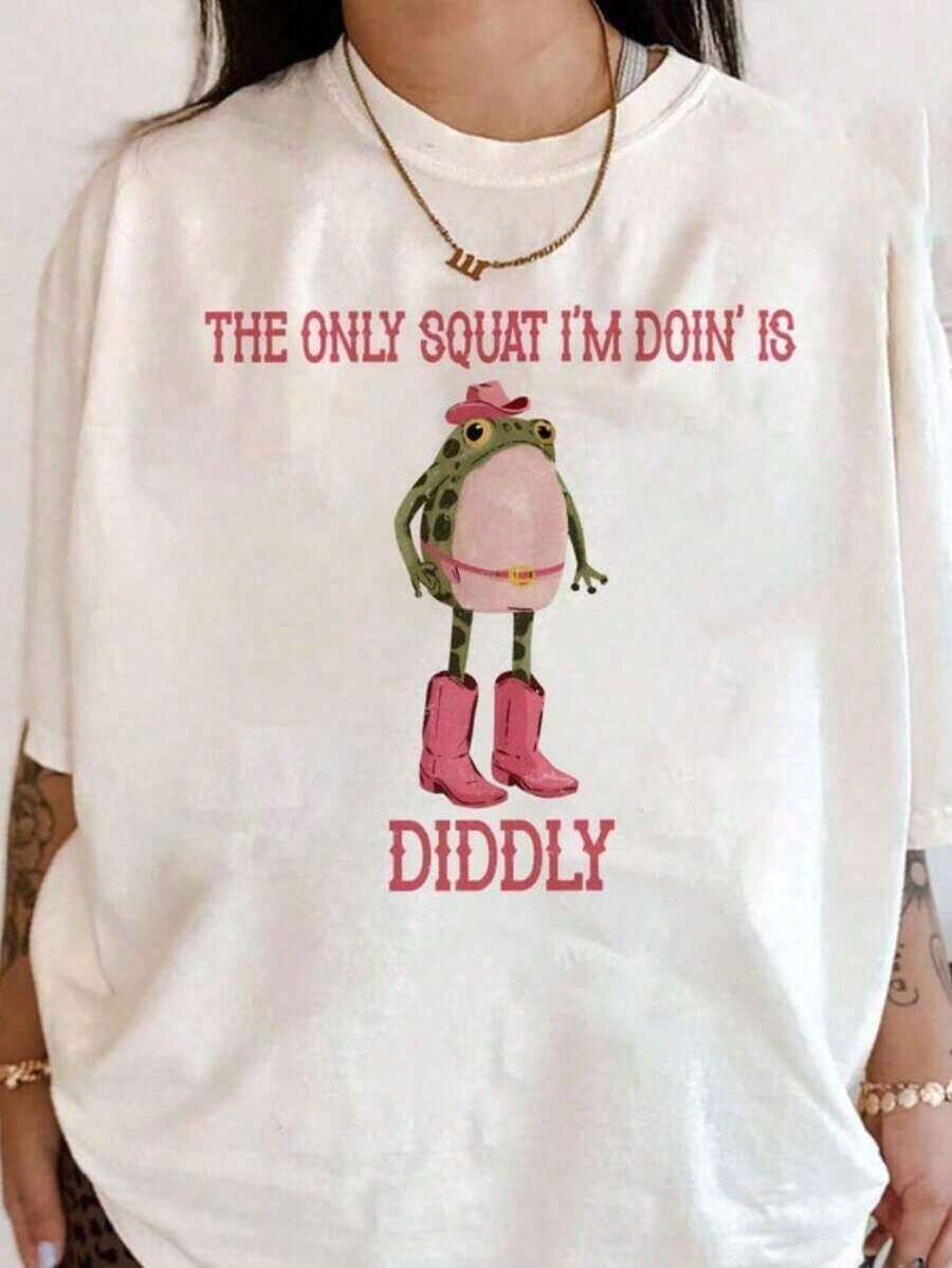 1 Piece 'The Only Squat I'm Doin' Is Diddly' T-Shirt, Funny Cowboy Frog T-Shirt, Western Humor, Lazy Gym T-Shirt, Sarcastic Western Style, 'Diddly Squat' T-Shirt, Classic Thick Cotton Oversized Short Sleeve Graphic Print T-Shirt, Casual Short Sleeve Top For Women, 180g 100% Cotton - 白色 - 查看 1