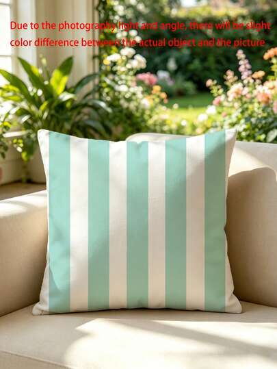 1pc Mint Green & White Striped Print Cushion Cover, Nordic Fresh Macaron Color Decorative Pillow Case For Living Room Sofa Bedroom, Hidden Zipper Washable, Healing Style Throw Pillow Cover (No Pillow Insert)