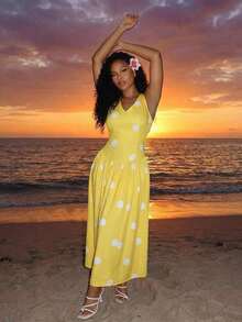 VaVaLuxe Vestido de verano 2026 de estilo retro francés elegante con lunares amarillos y blancos, cuello en V, sin mangas, cintura alta, plisado, para playa, té de la tarde, cita casual - Amarillo - Ver 3