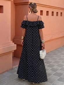 Elegant Bohemian Style Off-Shoulder Polka Dot Maxi Dress, Short Sleeve Fitted Woven Fabric, Slit Design Summer - Multicolor - View 6