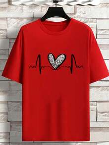 The Hottest Item Of The Summer: Pure Cotton T-Shirt, Crew Neck T-Shirt With Heart Print, Graphic Tees With Cheetah Print For Women, Stylish Pure Cotton T-Shirt. Stylish, Popular, Party T-Shirt. - 紅色 - 查看 4