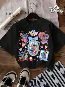 Disney Authorized 100% Cotton T-Shirt, Lilo And Stitch Print Soft Round Neck T-Shirt, Full Of Vivid Design Details, Disney Gift, Fabric Washable And Easy To Take Care Of, Daily Street Travel, Commuting And Other Scenes, Full Of Vacation Atmosphere, Male And Female Short-Sleeved T-Shirt, Machine Washable - màu đen - Xem 5