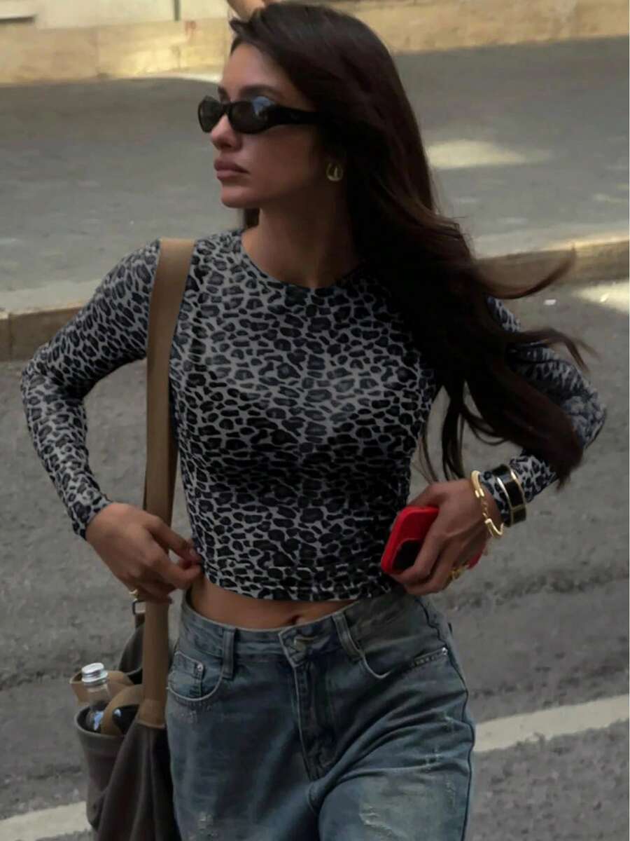 Sweetness - Women's Sexy Long Sleeve Tops, Leopard Print Mesh T-Shirt, Women's Bodycon Clothing, Streetwear For Party And Club, Casual Nightgown Y2K - 黑色 - 查看 1