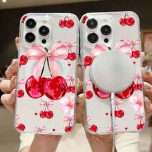 1pc Red Flower & Cherry Magnetic Adsorption Phone Case Suitable For IPhone 17 Pro Max, 16, 15, 14, 13, 12, Fresh Design - Clear - View 1