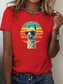 1 Piece Of Round Neck T-Shirt With Alpaca Print Wearing Sunglasses, Casual Short Sleeve T-Shirt For Spring And Summer, Women's Clothing, 180g, 100% Cotton. - 白色 - 查看 7