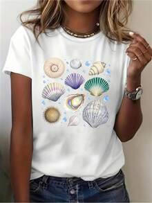1 Piece Of Women's Summer Top, Casual Short-Sleeved T-Shirt, Artistic Shell Print Design, Suitable For Daily Wear And Vacations, Machine Washable. | Women's Summer Tops | Women's Basic Top 180g 100% Cotton - 白色 - 查看 1