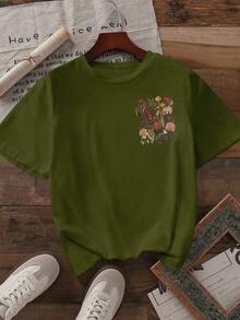 Camiseta Casual de Manga Corta con Cuello Redondo para Mujer, Talla Grande - Verde militar - Ver 2