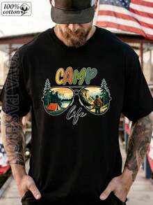 Men's Short-Sleeved T-Shirt, 100% Cotton, With Mountain Graphic Print And Camp Life Style Sunglasses, Round Neck, Breathable, Moisture-Wicking, Soft, For Outdoor Activities Such As Camping, Hiking, For Nature Lovers, Urban Wear, For Everyday And For All Seasons, Comfortable Basic T-Shirt For Adventures. - 黑色 - 查看 11