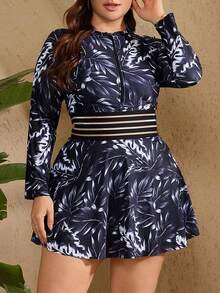 Swim Lushoire Blusas protectoras de verano con estampado de hojas en blanco y negro con cremallera delantera para mujer de talla grande - Blanco y Negro - Ver 8