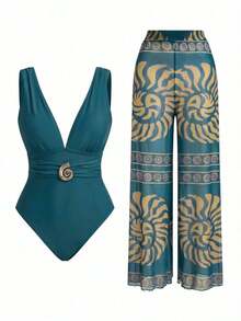 Traje de baño de una pieza con textura espiral vintage para mujer, elegante y adecuado para vacaciones - Marrón Chocolate - Ver 9