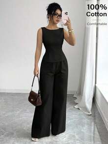 Gaze Conjunto de 2 piezas de camisa sin mangas y espalda descubierta con pantalones de pierna ancha de unicolor para mujer - Negro - Ver 6