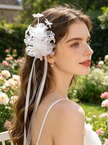 1pc Moonlight White Pearl Chiffon Flower Hair Clip, Bridal Hair Accessory - 9847 White - View 2