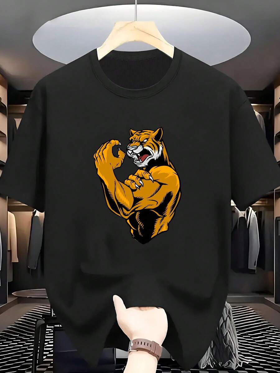 Men's Size T-Shirt, 100% Cotton, Short-Sleeved, Crew Neck T-Shirt With A Bold Tiger Graphic, Showcasing Individuality And Style; Comfortable And Casual Short-Sleeved T-Shirt For Summer, SIZE - 黑色 - 查看 1