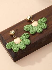 1 Pair Green Raffia Woven Floral Earrings, Metal Disc Combination Earrings, Niche Design, French Style Vacation Versatile Earrings Suitable For Daily, Work, Beach, Gathering With Friends, Birthday Party, Casual Wear - Green - View 7
